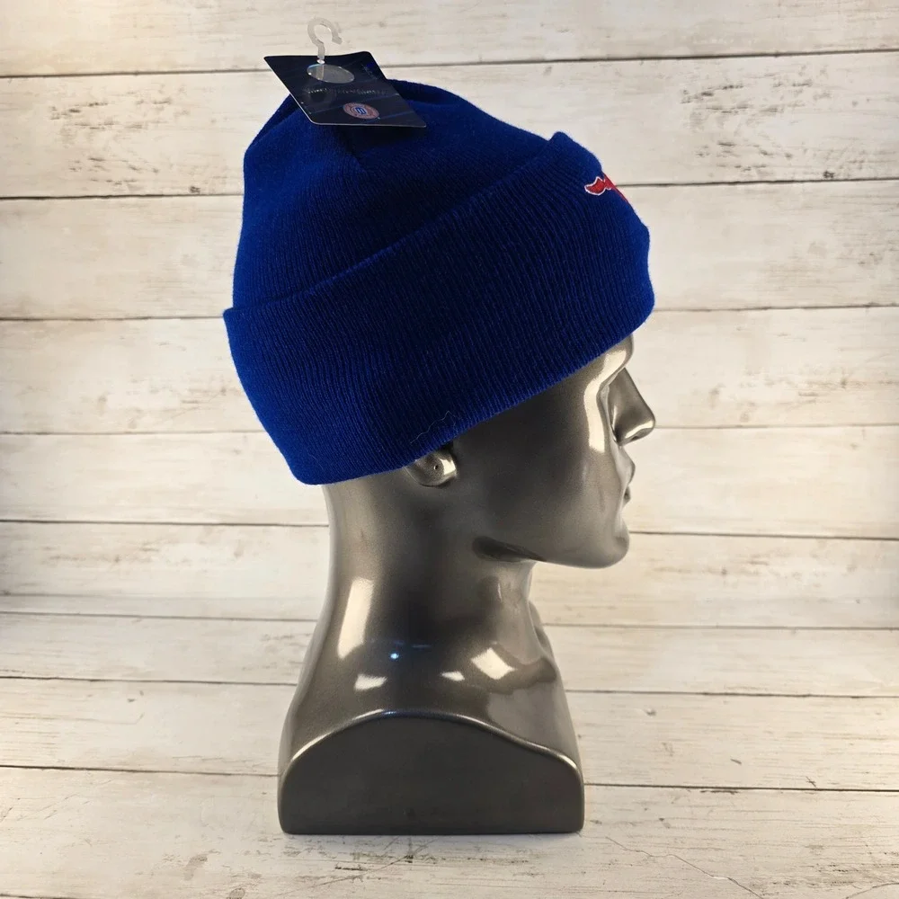 NWT SMU Mustangs Beanie Royal Blue Knit Cuffed Hat Red Mascot Logo One Size NWT